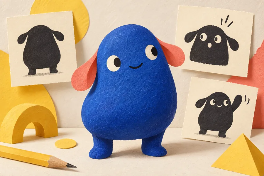 An original blue paper creature shown at three sizes with pose sketches and colored shapes.