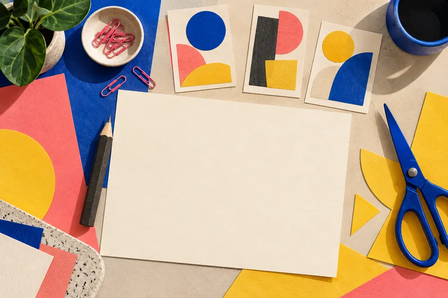 Editorial illustration of a creative brief, sketch thumbnails and drawing tools on a colorful desk.