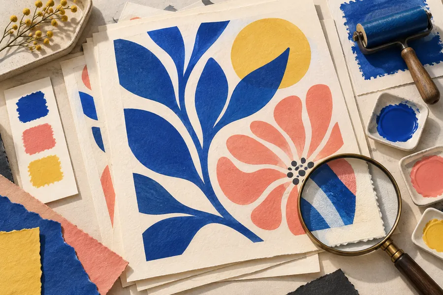 Layered illustration proofs, colored ink swatches and a print roller on a bright paper surface.