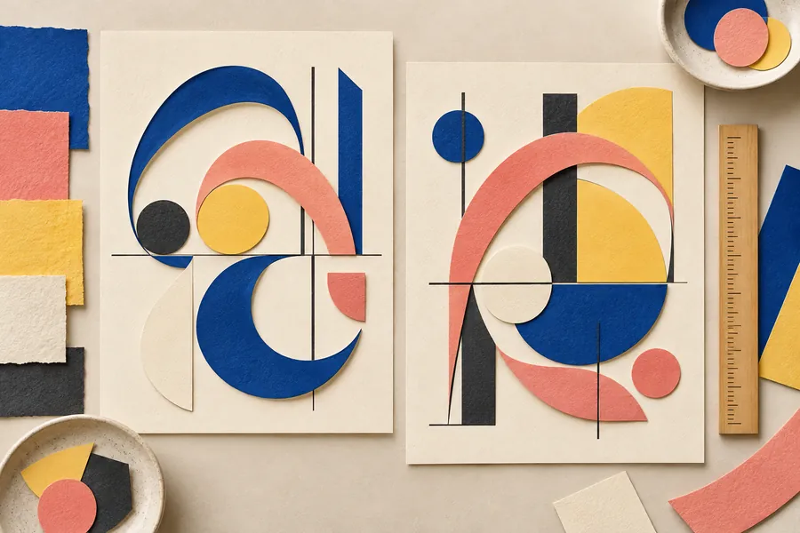 Abstract looped forms and straight shapes arranged across two colorful editorial layout panels.