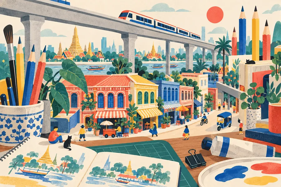 Original paper-textured illustration of Bangkok shophouses, pencils and a train