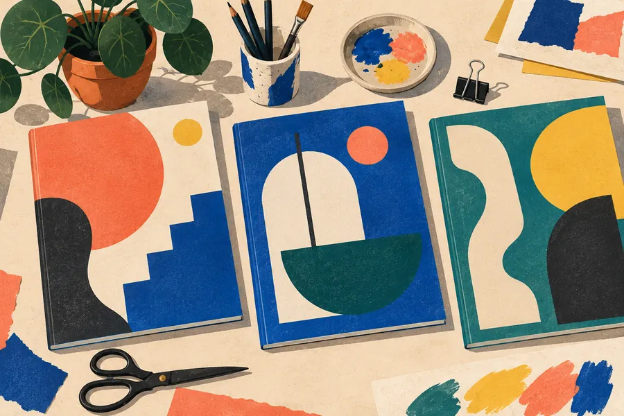 Original abstract editorial cover study in coral, cobalt and cream